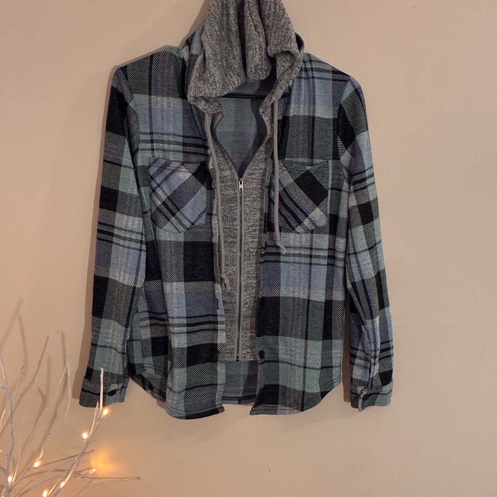No Boundaries Plaid Hooded Zip Jacket Shacket S